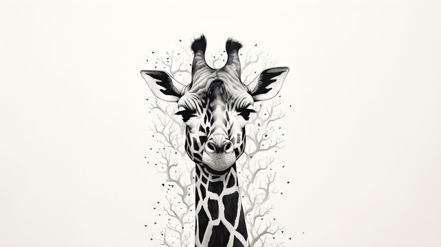  a black and white drawing of a giraffe's head.  generative ai