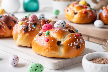 Home baked Easter buns with chocolate chips decorated with colorful eggs sugar sprinkles. Traditional holiday pastry - obrazy, fototapety, plakaty