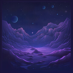 A synthwave style landscape of mountains and planets in the sky