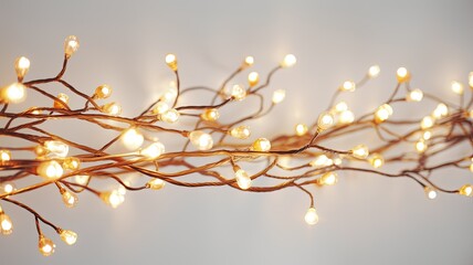 warm-hued Christmas lights intertwined with a tree branch. the lights against a plain, white background to emphasize their warm and inviting glow.