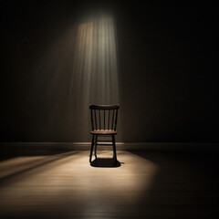 Chair in spotlight on the black background, in the style of realistic depiction of light