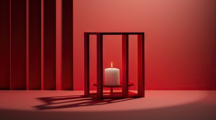  a lit candle in a red cage on a red background.  generative ai