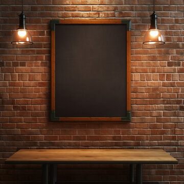 A blackboard on a brick wall with lamps..