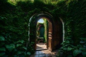 A secret garden hidden behind a magical door covered in vines