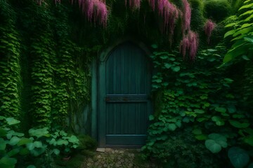 A secret garden hidden behind a magical door covered in vines