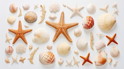 Fototapeta na wymiar a group of sea shells and starfish on a white background. generative ai