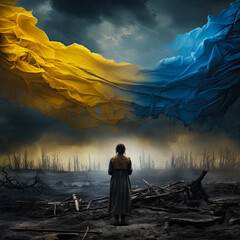 Woman looking at the blue and yellow flag of Ukraine standing in ruins after hostilities and war - obrazy, fototapety, plakaty