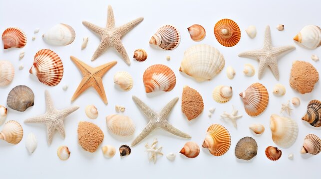  a group of sea shells on a white background with a starfish.  generative ai