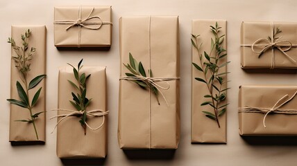 a gift with plain brown kraft paper and adorning it with a single, delicate sprig of greenery. Let the natural elements shine against the neutral background. - obrazy, fototapety, plakaty
