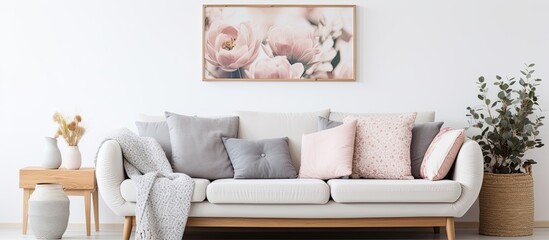 Flower artwork hanging above Scandinavian sofa with knot pillow and grey blanket real photo with copy space on wall With copyspace for text