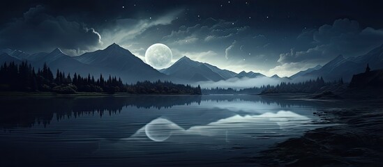 Moonlit night scenery forest shadows river mountains Water mirrors moonlight Natural backdrop art
