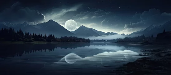 Rolgordijnen Moonlit night scenery forest shadows river mountains Water mirrors moonlight Natural backdrop art © 2rogan