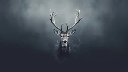 Poster  a deer's head with antlers in the fog.  generative ai © Anna