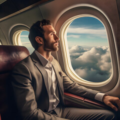 Businessperson at the midpoint of an important journey, looking out the window of a plane and reflecting on the journey so far - obrazy, fototapety, plakaty