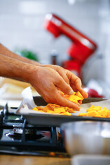 Man hands close-up handling food .Cooking vegetables in the kitchen
