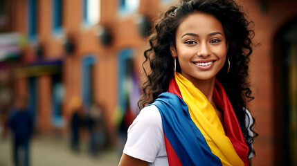 A smiling girl from Colombia wearing clothes in the colors of the national flag against the backdrop of a city street. - obrazy, fototapety, plakaty
