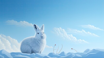  a painting of a white rabbit sitting in the middle of a snowy field.  generative ai