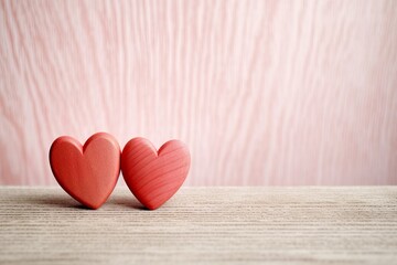 Two wooden hearts standing on a wood table, soft light red colored wooden wall. Copy space. Card for love, greetings, Valentine, wedding.