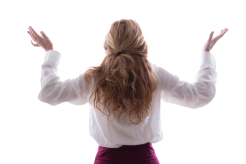 woman on his back with arms aloft caught on a white background