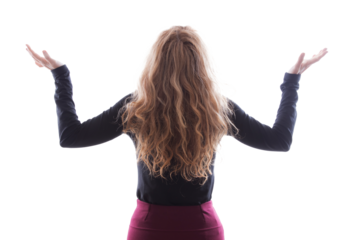 woman on his back with arms aloft isolated white