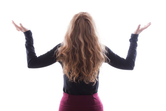 woman on his back with arms aloft isolated white