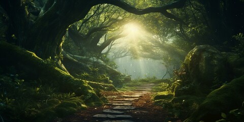 enchanted path through magical forest cinematic 4k