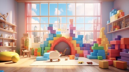 A child's playroom filled with oversized building blocks in every hue imaginable, creating a playful and vibrant atmosphere.