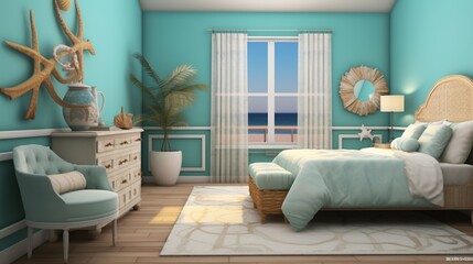 A coastal-themed bedroom with aqua blue walls and seashell accents.