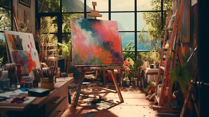 A creative artist's studio filled with splashes of paint in every color, art supplies organized in rainbow order, and large windows letting in natural light.