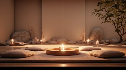 a minimalist meditation space with candles as the focal point. a serene area where one can unwind and find inner peace through meditation, all bathed in the gentle light of candles.