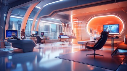 A futuristic office space featuring neon lighting and futuristic furniture.