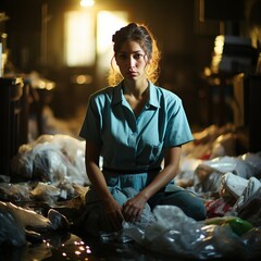 A girl is cleaning a very dirty room. The maid cleans the room from the terrible mess. Cleaning abandoned rooms of the house. A woman in uniform in a hotel room. - obrazy, fototapety, plakaty