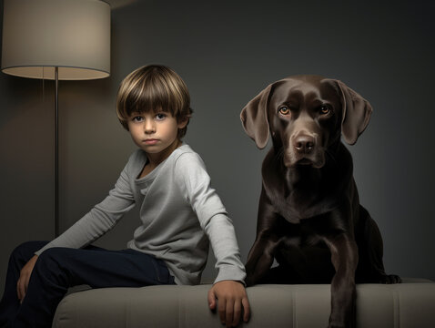Portrait of a boy and a black labrador