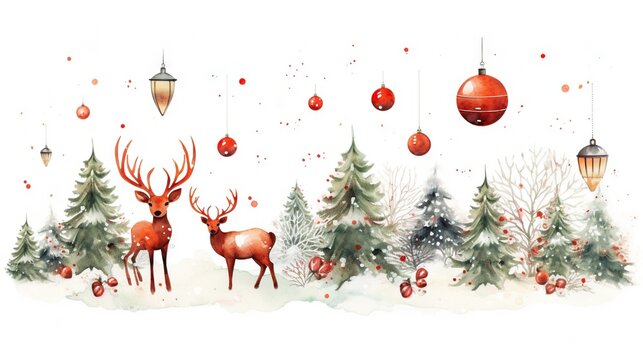  a painting of a christmas scene with a deer and christmas decorations.  generative ai