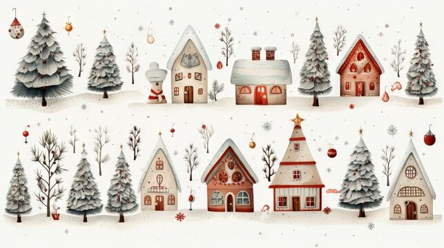  a christmas scene with a lot of houses and trees in the snow.  generative ai