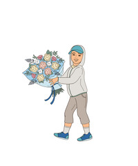 boy in sun protective clothes black and white linear illustration