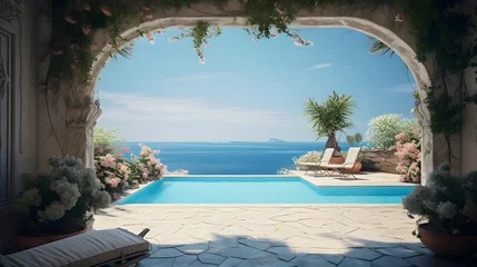 Poster Im Rahmen view of the Sea through the infinity pool , villa luxury © petrrgoskov