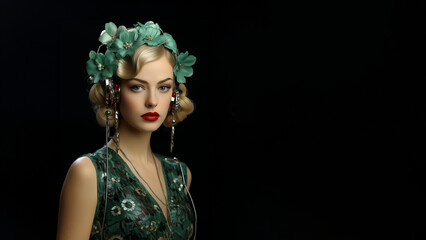 Elegante Fashion Frau mit extravaganten ausgefallen Blumen Hut und Designer Outfit blickt in die Kamera Porträt Querformat, ai generativ