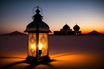 Ornamental arabic lantern with burning candle glow