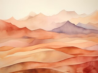 Abstract watercolor painting of a mountain range in the distance and sand dunes in the foreground.