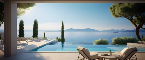 Foto auf Acrylglas view of the Sea through the infinity pool , villa luxury © petrrgoskov