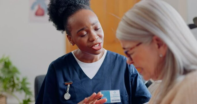 Frustrated, sad woman speaking or nurse with results in consultation for bad news or healthcare. Stress, talking or caregiver with a depressed mature patient for empathy, sympathy or help in home