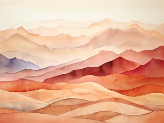 Watercolor painting of a mountain range and sand dunes in a variety of colors, including red, orange, and brown.