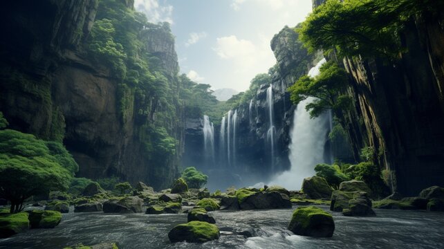 Description of a majestic waterfall cascading Ai generated art