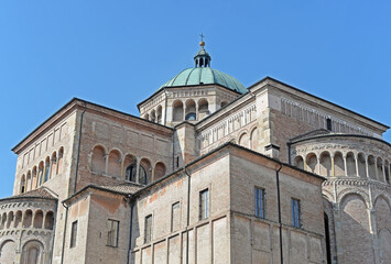 Part of the cathedral or duomo in Parma, Italy on a clear blue autumn day