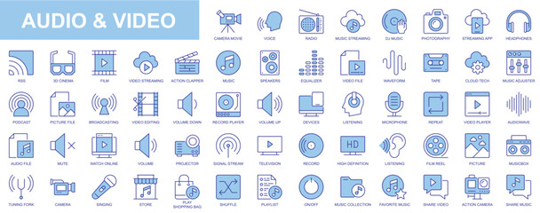 Audio and video web icons set in blue line design. Pack of camera movie, voice, radio, music streaming, photography, headphones, cinema, podcast, broadcasting, other. Vector outline stroke pictograms