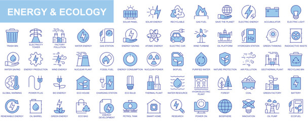Energy and ecology web icons set in blue line design. Pack of solar panel, recyclable, gas fuel, save planet, accumulator, trash bin, factory pollution, eco and other. Vector outline stroke pictograms