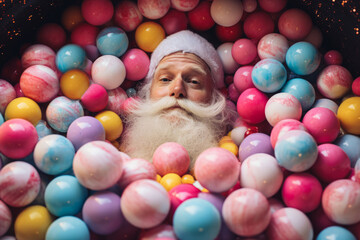 Fototapeta na wymiar Santa Claus lying in pastel color balls. Santa's head emerges from colorful balls. Fun christmas moments.