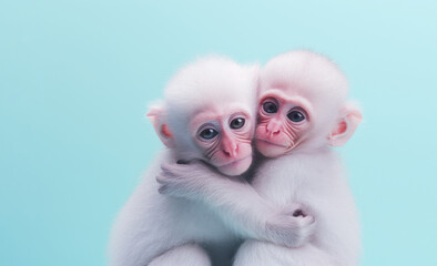 A kind of two albino white monkeys that is rarely found in the wild hug each other. Love and Valentine day with animals. Blue mint color background.