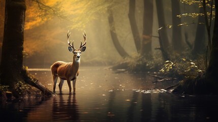  a deer standing in the middle of a forest next to a river.  generative ai